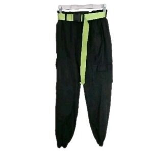 Hot Topic Women's Size XS Cargo Jogger Grunge‎ Pants Black W/Neon Pocket & Belt
